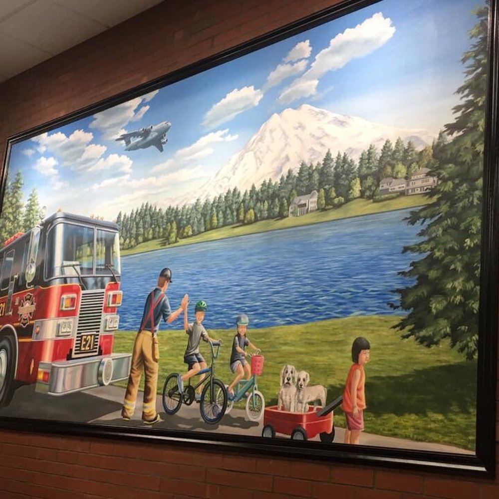 Firehouse Subs - Large mural inside Firehouse Subs! I like how it shows the Lake, Mt Rainier and the giant Military planes that fly around - Fast Food Near Me - Lakewood, Washington Firehouse Subs - Large mural inside Firehouse Subs! I like how it shows the Lake, Mt Rainier and the giant Military planes that fly around - Fast Food Near Me - Lakewood, Washington