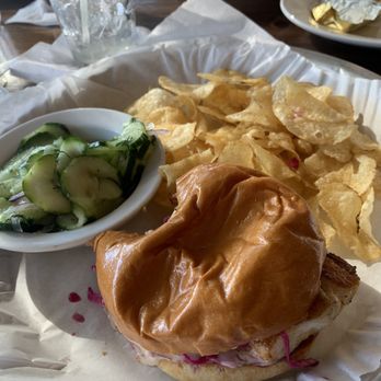 Sam's Chowder House - Blackened fish sandwich and pickled cucumber. - Seafood Near Me - Half Moon Bay, California Sam's Chowder House - Blackened fish sandwich and pickled cucumber. - Seafood Near Me - Half Moon Bay, California