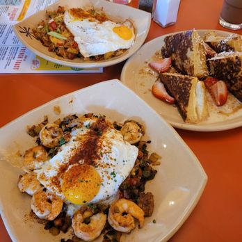 Snooze, an A.M. Eatery - Habanero Pork Belly Breakfast Fried Rice + OMG French Toast + Shrimp & Grits. Delish! - Breakfast & Brunch Near Me - Tustin, California