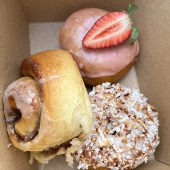 Cloudy Donut - Cinnamon roll, strawberry donut, toasted coconut donut - Donuts Near Me - Brooklyn, New York