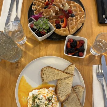 Nom Cafe - waffles, eggs panagura, berries - Modern European Near Me - Portland, Maine