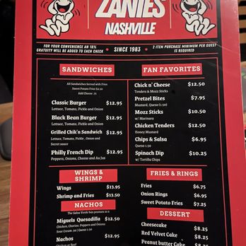 Zanies - Menu - Comedy Clubs Near Me - Nashville, Tennessee Zanies - Menu - Comedy Clubs Near Me - Nashville, Tennessee