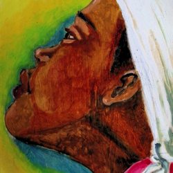Hennepin History Museum - It is a profile painting of a woman wearing a headscarf, looking upward, expressing hope, reflection, and spirituality.