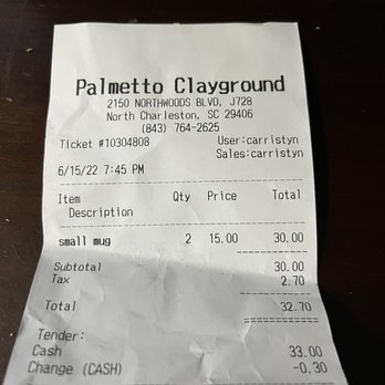 Palmetto Clayground - Receipt for two little girls and two coffee mugs - Paint-Your-Own Pottery Near Me - Charleston, South Carolina Palmetto Clayground - Receipt for two little girls and two coffee mugs - Paint-Your-Own Pottery Near Me - Charleston, South Carolina