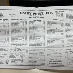 Dairy Point - Menu as of March 2025. Was told prices are changing soon.