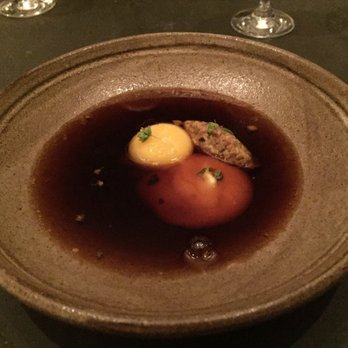 Bateau - Poached egg yolk, lobster paste and corn paste in a beef consommé - Steakhouses Near Me - Seattle, Washington
