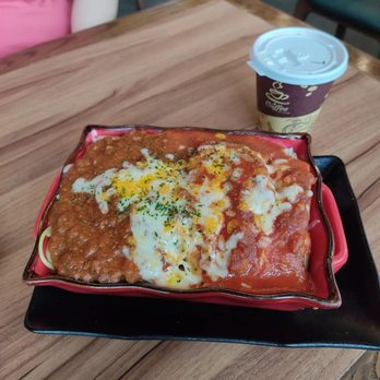 Good Catch Cafe - Bolognese spaghetti and tomato chicken steak on rice with drink - Hong Kong Style Cafe Near Me - Markham, Ontario Good Catch Cafe - Bolognese spaghetti and tomato chicken steak on rice with drink - Hong Kong Style Cafe Near Me - Markham, Ontario