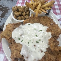 Country fried steak, fries, fried okra Country fried steak, fries, fried okra