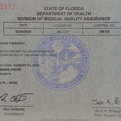 Renee Keene, LMT - My State of Florida massage therapy license