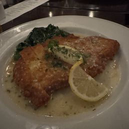 Parmigiano-Reggiano-crusted Amish chicken breast, lemon, white wine and garlic, fresh herbs, sauteed spinach