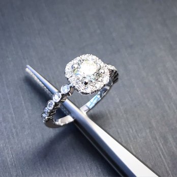 Luna Jewels - Custom cushion halo engagement ring, with bezel set round diamonds on band - Jewelry Near Me - Honolulu, Hawaii Luna Jewels - Custom cushion halo engagement ring, with bezel set round diamonds on band - Jewelry Near Me - Honolulu, Hawaii