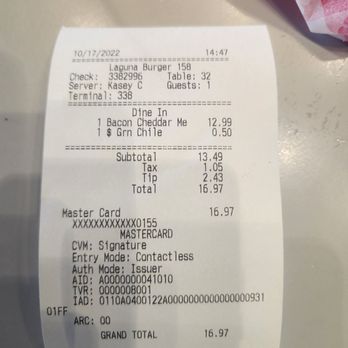 Laguna Burger - Receipt showing I was here. It is now 3:12 and not 1 person has approached me at the bar. - Burgers Near Me - Albuquerque, New Mexico Laguna Burger - Receipt showing I was here. It is now 3:12 and not 1 person has approached me at the bar. - Burgers Near Me - Albuquerque, New Mexico