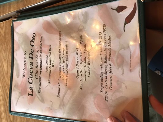 Menu photo 1 La Cueva de Oso Balmorhea, TX Menu photo 1 La Cueva de Oso Balmorhea, TX