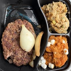 Angus Chopped Steak Combo with dressing and candied yams