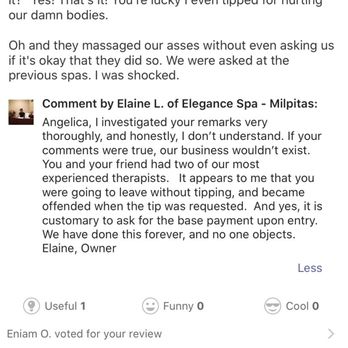 Elegance Spa - Milpitas - Their response to me when I gave my honest review on how my experience was. - Massage Near Me - Milpitas, California