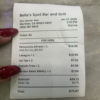 Bella's Spot - The receipt from the meal - Italian Near Me - Martinez, California Bella's Spot - The receipt from the meal - Italian Near Me - Martinez, California