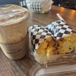 Dirty Rider latte and bacon breakfast burrito Dirty Rider latte and bacon breakfast burrito
