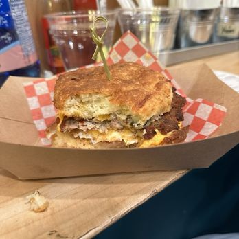 Sleepy Pete's - sausage egg and cheese on a jalapeño biscuit - Breakfast & Brunch Near Me - Toronto, Ontario