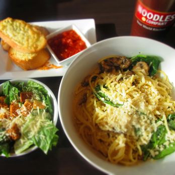 Noodles and Company - Alfredo MontAmore with no meat and no tomatoes, Caesar side salad, and garlic cheesy bread with marinara sauce - Noodles Near Me - Vancouver, Washington Noodles and Company - Alfredo MontAmore with no meat and no tomatoes, Caesar side salad, and garlic cheesy bread with marinara sauce - Noodles Near Me - Vancouver, Washington