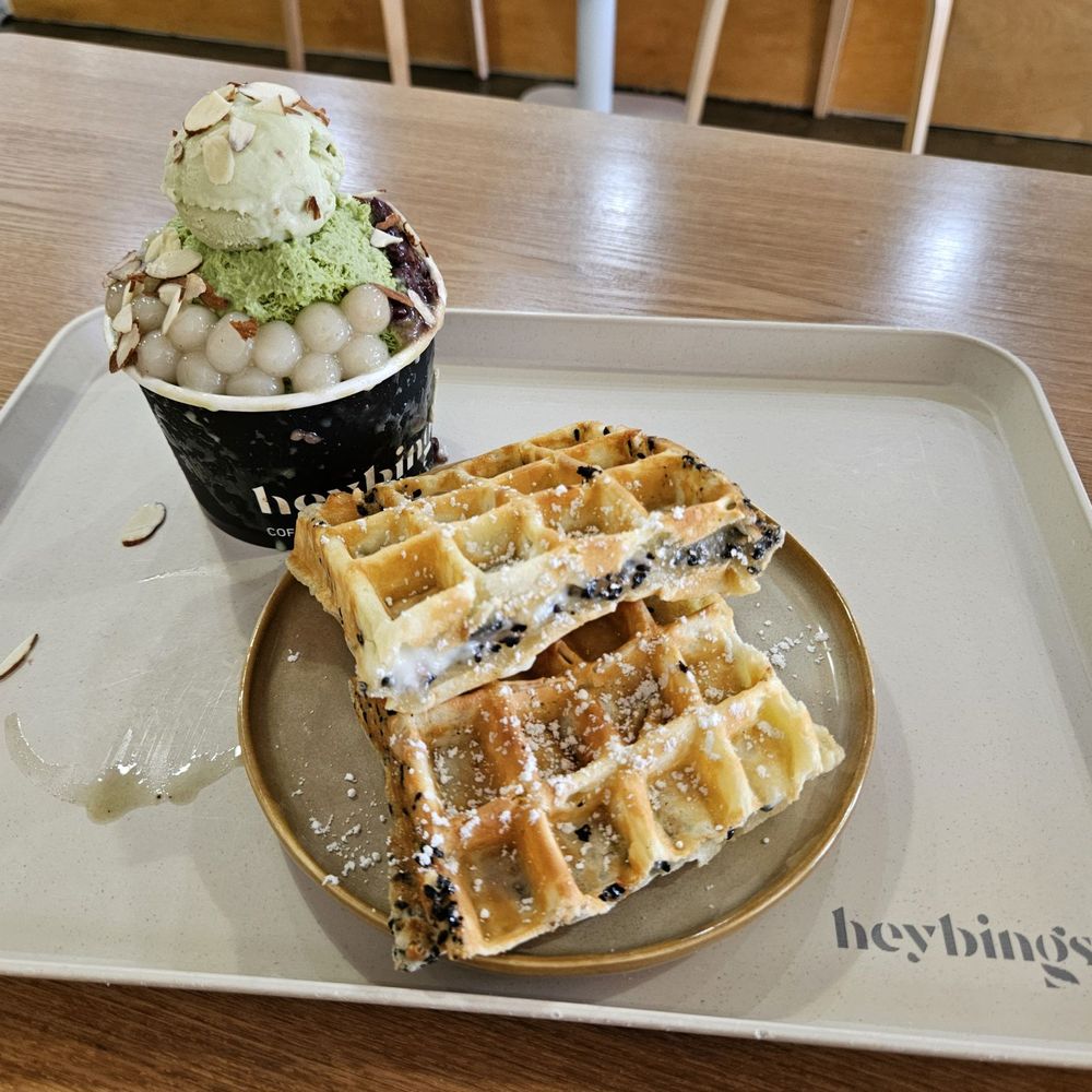 Heybings - Matcha Romance Bingsoo with Sesame peanut mochi waffle - Desserts Near Me - Costa Mesa, California Heybings - Matcha Romance Bingsoo with Sesame peanut mochi waffle - Desserts Near Me - Costa Mesa, California