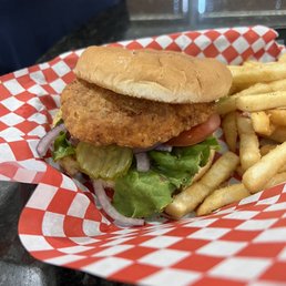 Cajun fried chicken sandwich. Regular fries