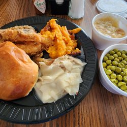 Main Street Cafe - Fried Chicken, Chicken & Dumplings, Yams, Peas, Roll & Apple Cobbler