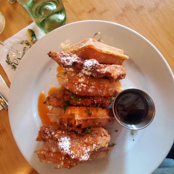 Bloom - top view of chicken and waffles - American Near Me - Santa Clara, California