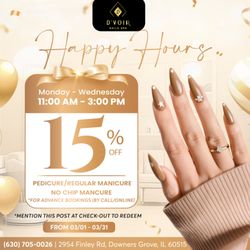 D'voir Nails Spa - HAPPY HOURS 
Enjoy 15% OFF when you book a Pedicure, Regular Manicure, or No Chip Manicure.