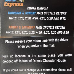 Seattle Express - May 2022 mall schedule. Check their website for most accurate schedule and partner hotels list.