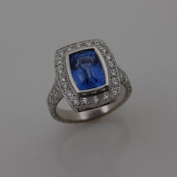 Dutille's Jewelry Design Studio - Custom Platinum Sapphire and Diamond Ring with Hand Engraving