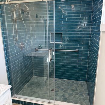 Blue Stripe Tiling - Custom walk-in shower - Tiling Near Me - Gasport, New York Blue Stripe Tiling - Custom walk-in shower - Tiling Near Me - Gasport, New York