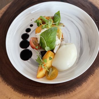 Jesse McClelland Personal Chef & Catering - Peach burrata salad with a lemon sorbet - our favorite course!! - Personal Chefs Near Me - Marina, California Jesse McClelland Personal Chef & Catering - Peach burrata salad with a lemon sorbet - our favorite course!! - Personal Chefs Near Me - Marina, California