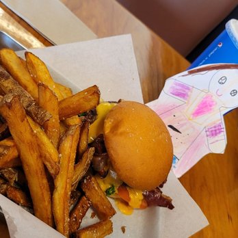 Street Burgers - Rustic Montana burger plus bacon.   Flat Stanley can be ignored... - New American Near Me - Great Falls, Montana
