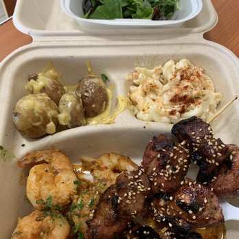 Aina Grill - Garlic Spicy Shrimp, Pork BBQ sticks, Baby Cheesy Potatoes, Mac Salad, and toss greens with a papaya dressing - American Near Me - Waipahu, Hawaii Aina Grill - Garlic Spicy Shrimp, Pork BBQ sticks, Baby Cheesy Potatoes, Mac Salad, and toss greens with a papaya dressing - American Near Me - Waipahu, Hawaii