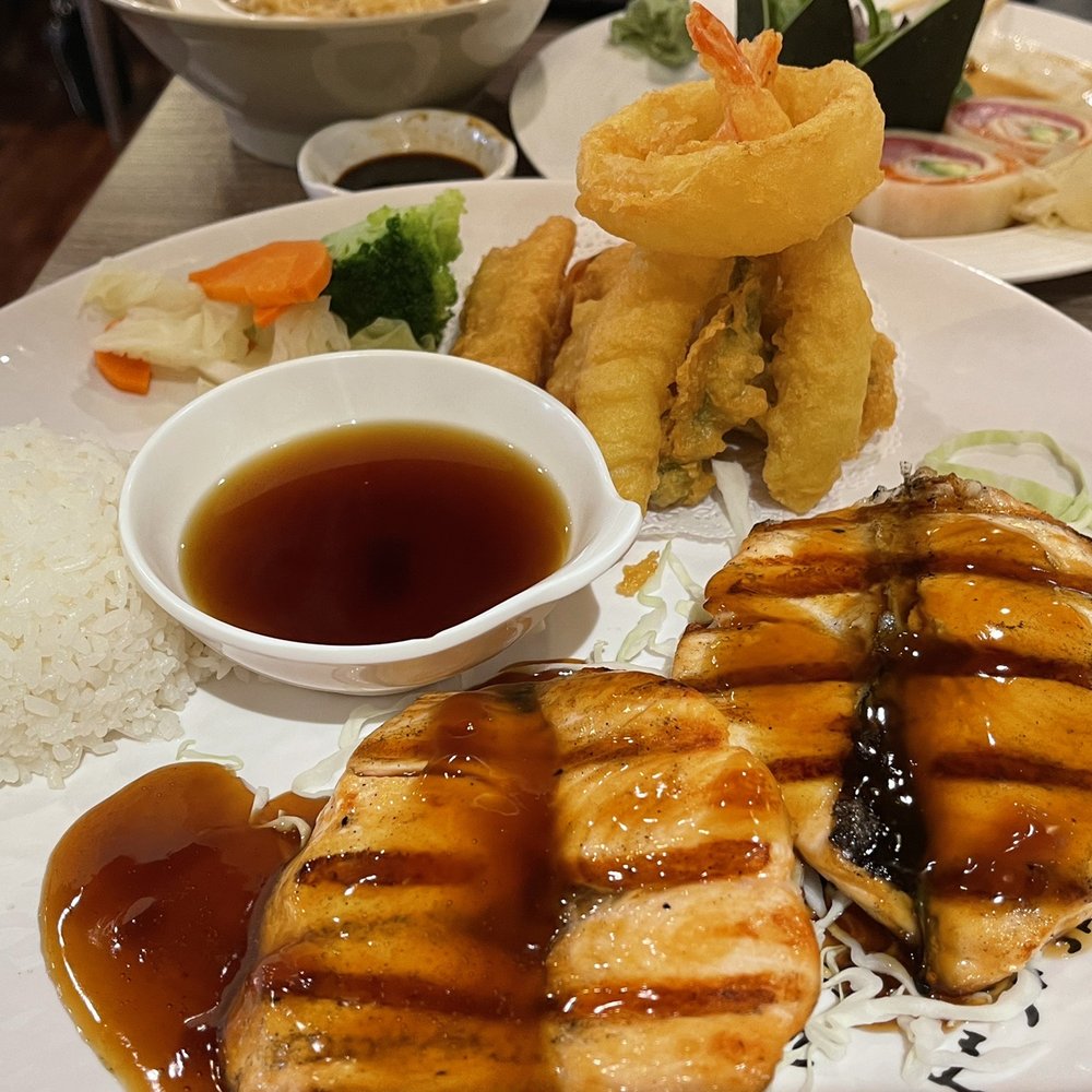 Ahi Sushi - Salmon Teriyaki and Tempura dinner plate. - Sushi Bars Near Me - Bakersfield, California Ahi Sushi - Salmon Teriyaki and Tempura dinner plate. - Sushi Bars Near Me - Bakersfield, California
