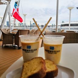 First Pina Coladas with cake, NCL Gem, Miami Cruise Port