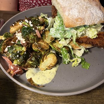 Cook & Dagger - Chicken cutlet sandwich and Brussels sprouts - New American Near Me - North Providence, Rhode Island Cook & Dagger - Chicken cutlet sandwich and Brussels sprouts - New American Near Me - North Providence, Rhode Island