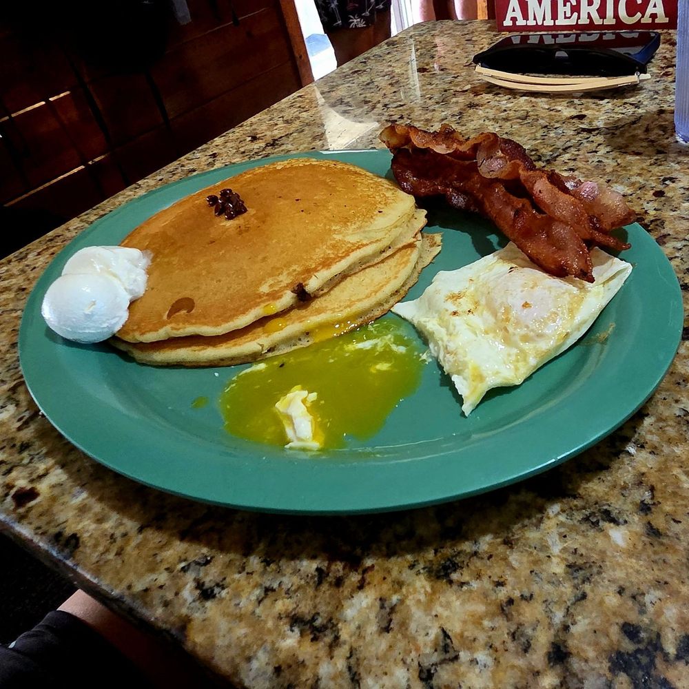 Grumpy's - Blue plate = 2 eggs, 2 pancakes (choc. chip) with bacon - Diners Near Me - East Dennis, Massachusetts Grumpy's - Blue plate = 2 eggs, 2 pancakes (choc. chip) with bacon - Diners Near Me - East Dennis, Massachusetts