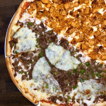 Fire Stone Grill and Pizza - 1/2 Philly Cheesesteak, 1/2 Buffalo Chicken 16-inch pie - Burgers Near Me - Franklin Square, New York Fire Stone Grill and Pizza - 1/2 Philly Cheesesteak, 1/2 Buffalo Chicken 16-inch pie - Burgers Near Me - Franklin Square, New York