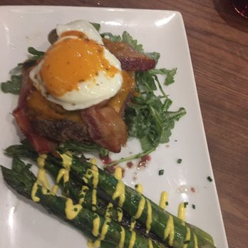 Eureka! - Jalapeño, Bacon and egg burger with a side of asparagus. Truly amazing food w/exceptional flavors. - American Near Me - Concord, California