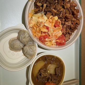 Tigawok - 3 item plate (cola chicken, wagyu beef, tomato and egg) over chinese sausage fried rice, pork dumpling (xiao long bao), beef curry - Chinese Near Me - Irvine, California