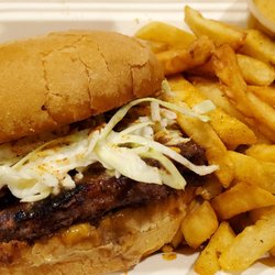 Jamaica's Kitchen - Delicious hamburger with Jerk sauce and fresh fries with amazing jerk fry sauce