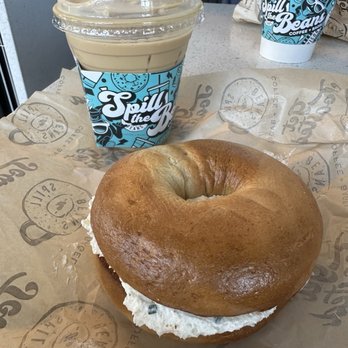 Spill The Beans - Plain bagel with caramelized shallot and chive cream cheese and a basic sitch iced coffee - Coffee & Tea Near Me - San Diego, California
