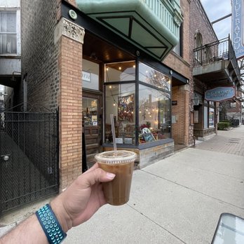 Bombastic Cafe - iced coffee with strawberry syrup and soy milk - Coffee & Tea Near Me - Chicago, Illinois