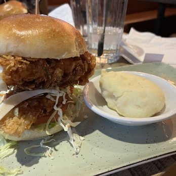 Kelseys Original Roadhouse - messy fish burger with mashed potato side - Canadian (New) Near Me - Vaughan, Ontario Kelseys Original Roadhouse - messy fish burger with mashed potato side - Canadian (New) Near Me - Vaughan, Ontario