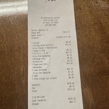 787 Restaurant & Bar - Over $100 in food we couldn't eat because it was overly salty. Manager refused to taste or reimburse. - Bars Near Me - El Paso, Texas