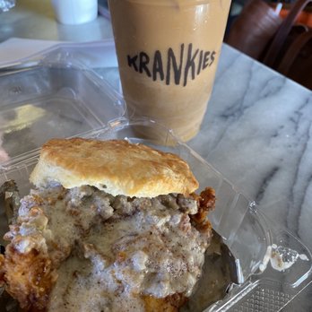 Krankies - Chicken Biscuit with gravy and an iced coffee. Great combo - Coffee & Tea Near Me - Winston-Salem, North Carolina