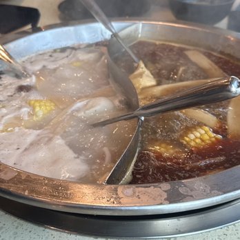 TOP POT - Left: pork bone soup base Right: spicy soup base - Hot Pot Near Me - Pleasanton, California TOP POT - Left: pork bone soup base Right: spicy soup base - Hot Pot Near Me - Pleasanton, California