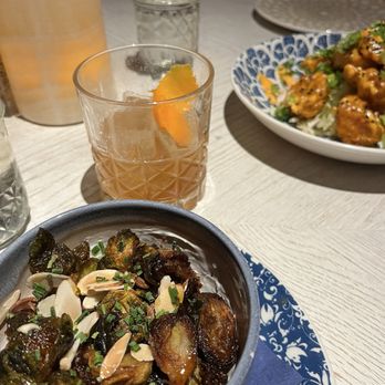 The Hampton Social - River North - Honey Glazed Brussel Sprouts, Sand and Smoke (brown butter bourbon drink), and Dynamite Shrimp - Seafood Near Me - Chicago, Illinois The Hampton Social - River North - Honey Glazed Brussel Sprouts, Sand and Smoke (brown butter bourbon drink), and Dynamite Shrimp - Seafood Near Me - Chicago, Illinois