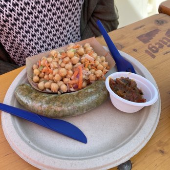 Wursthall - Pesto Chicken, Chickpea Salad and Sun-dried Tomato Relish - German Near Me - San Mateo, California
